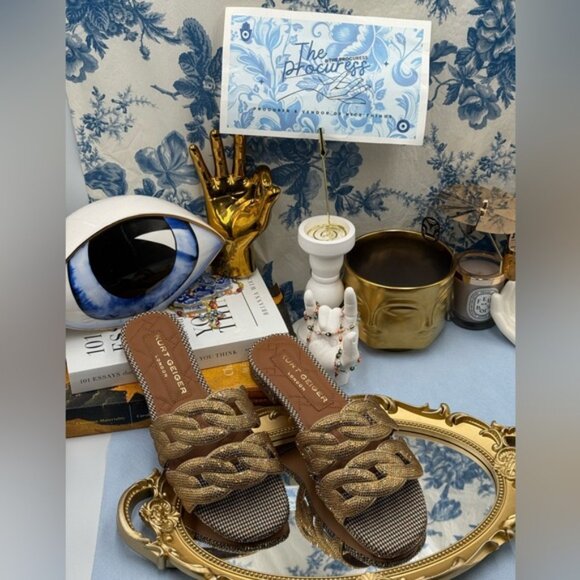 🆕 KURT GEIGER LONDON 🧿 NWOB Crystal Chain Flat Sandal, Gold - Sz EU37 US 7 - Picture 3 of 15